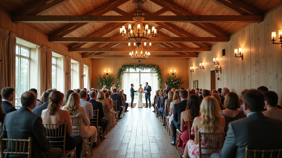 Close-up view of a cozy indoor wedding venue with rustic wooden beams