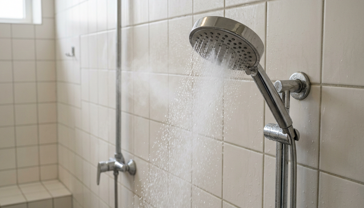 Close-up view of a shower head releasing fine mist in a tiled changing room.