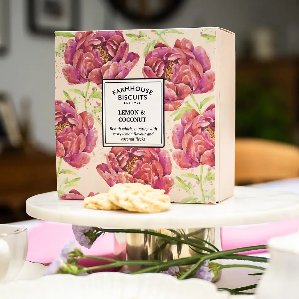 Farmhouse Biscuits Lemon & Coconut Biscuits 250g box with biscuits
