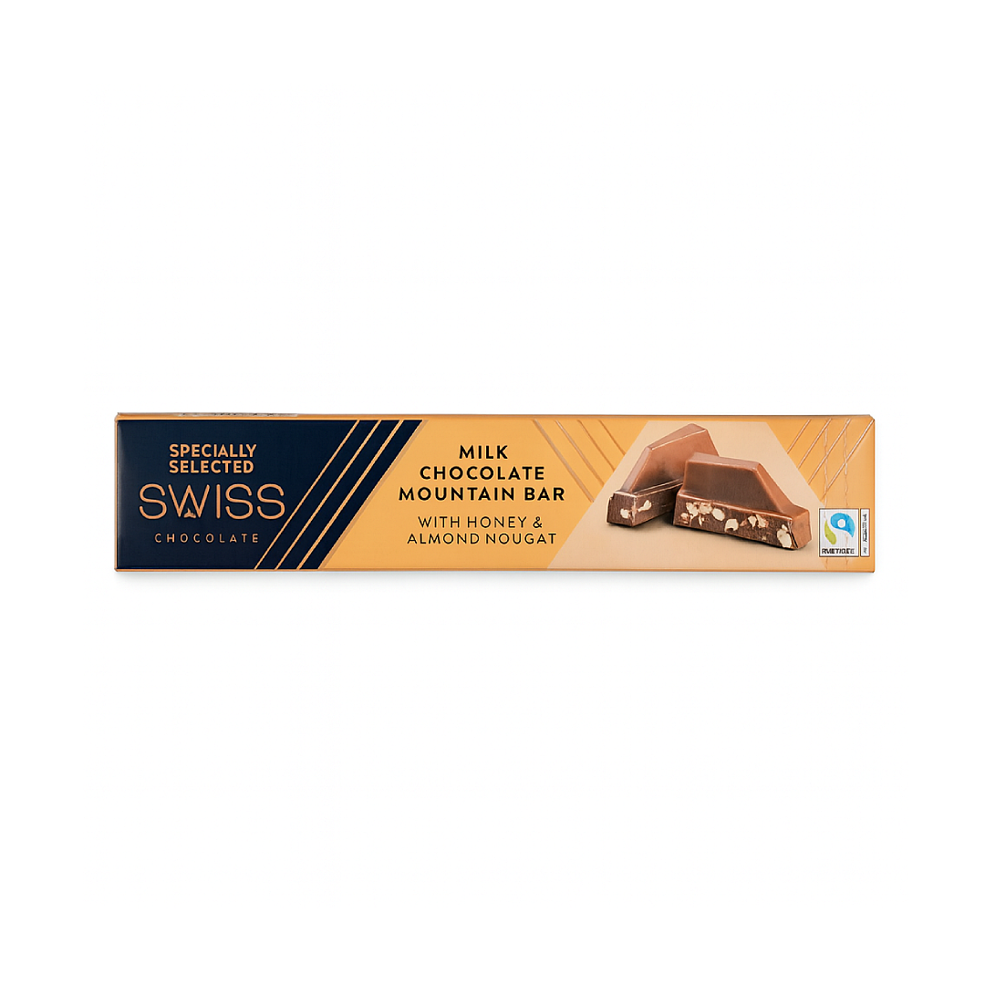 Specially Selected Swiss Milk Chocolate Mountain Bar with honey and almond nougat packaging