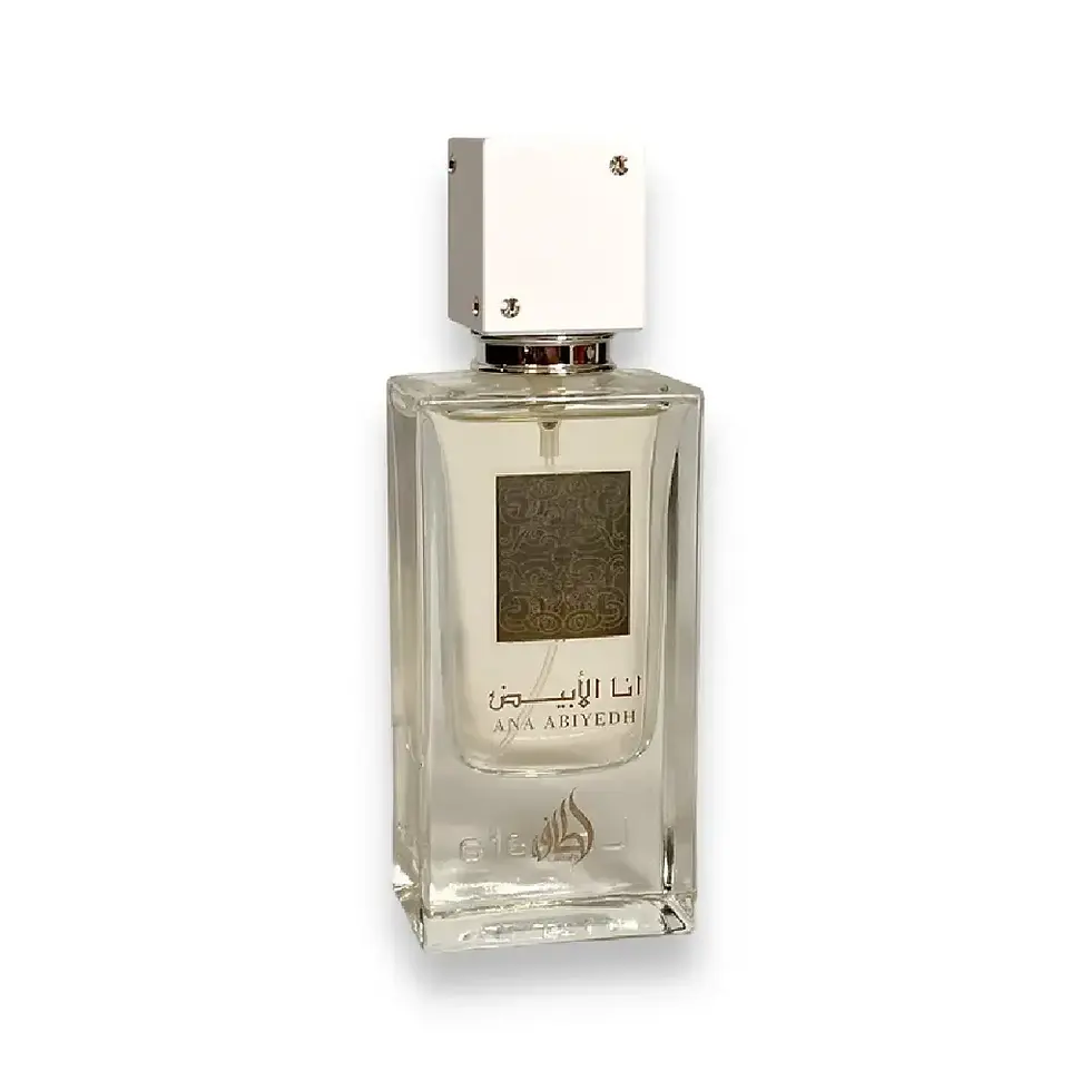 Lattafa I Am White Ana Abiyedh Perfume, 60ml bottle, showcasing its sleek, minimalist white design and silver accents