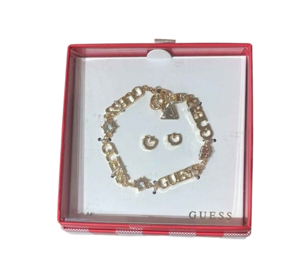Guess Gold-Tone Logo Charm Bracelet and Stud Earrings Jewelry Set