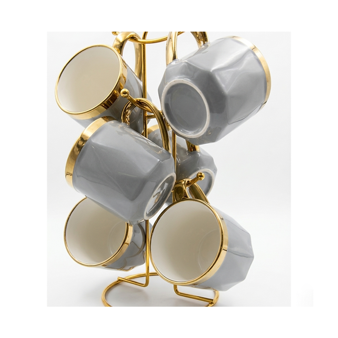 Elegant Faceted Mug Set with Stand (6 Pieces)