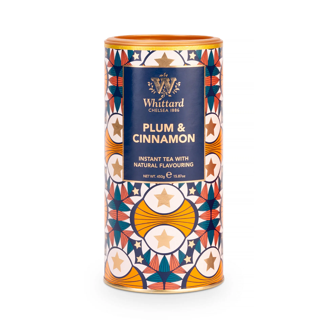 Whittard Chelsea Plum & Cinnamon Instant Tea 450g jar – fruity spiced instant tea powder in clear container with purple label