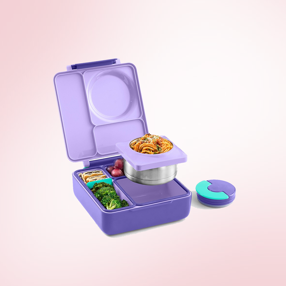 Purple bento lunch box with pasta and broccoli