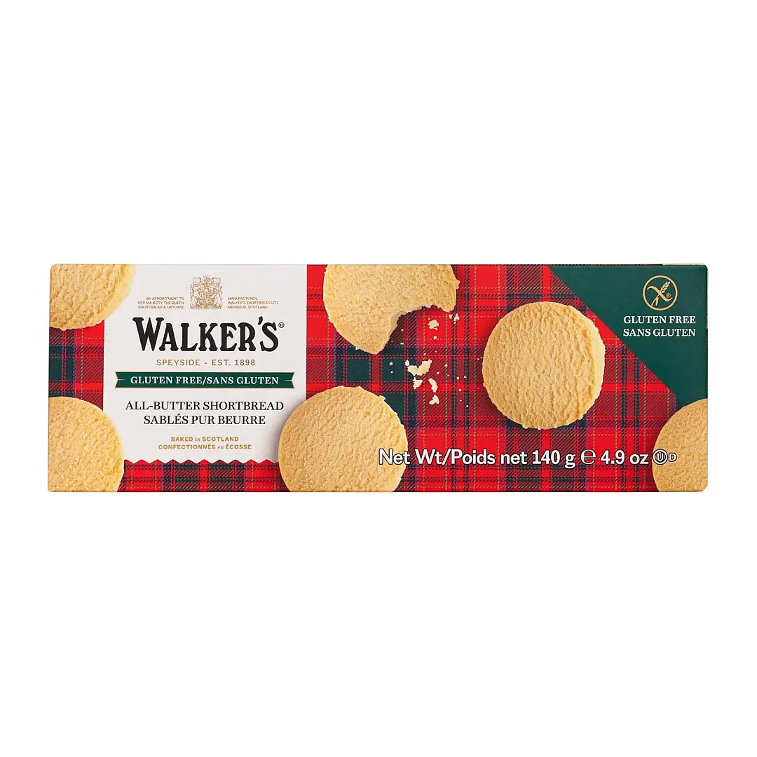 Box of Walker's All Butter Gluten Free Shortbread Rounds 140g on red plaid