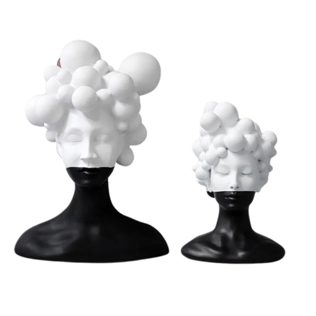 Modern Abstract Resin Sculpture, Black and White Bust with Bubble Crown Design