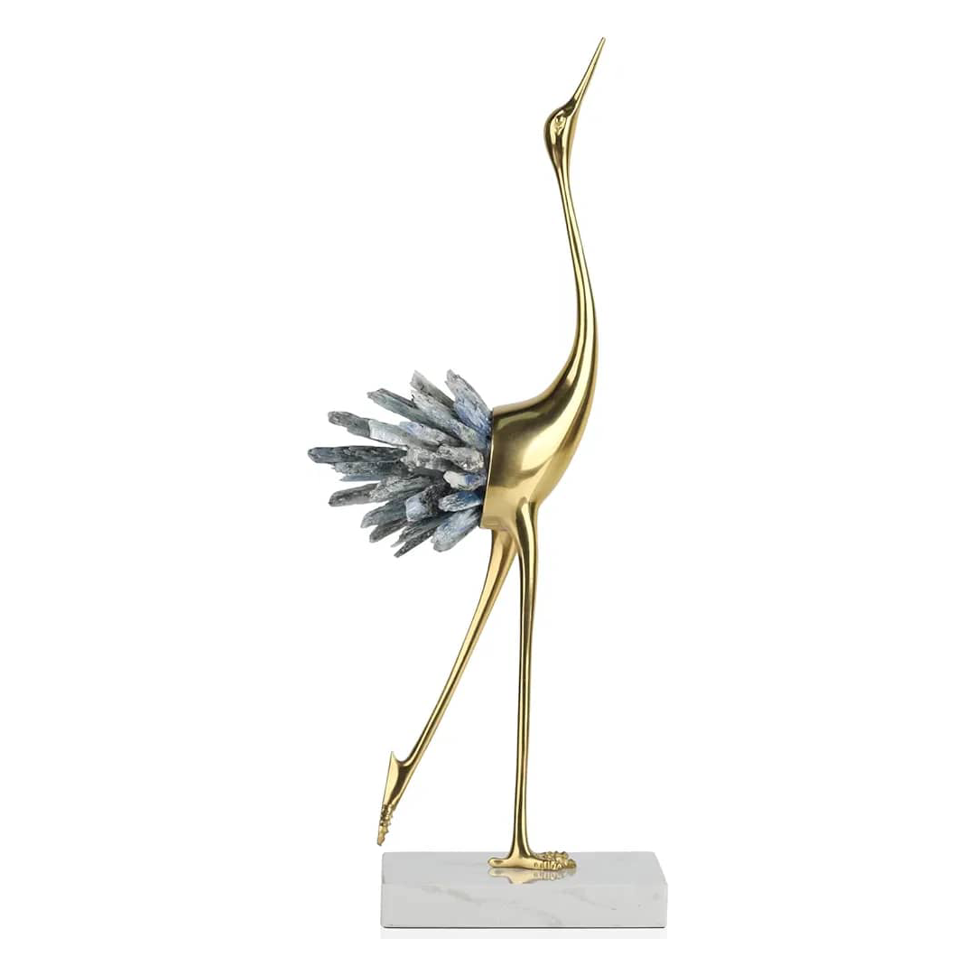 Modern Luxury Brass Crane Bird Sculpture with Natural Crystal Wing & Marble Base