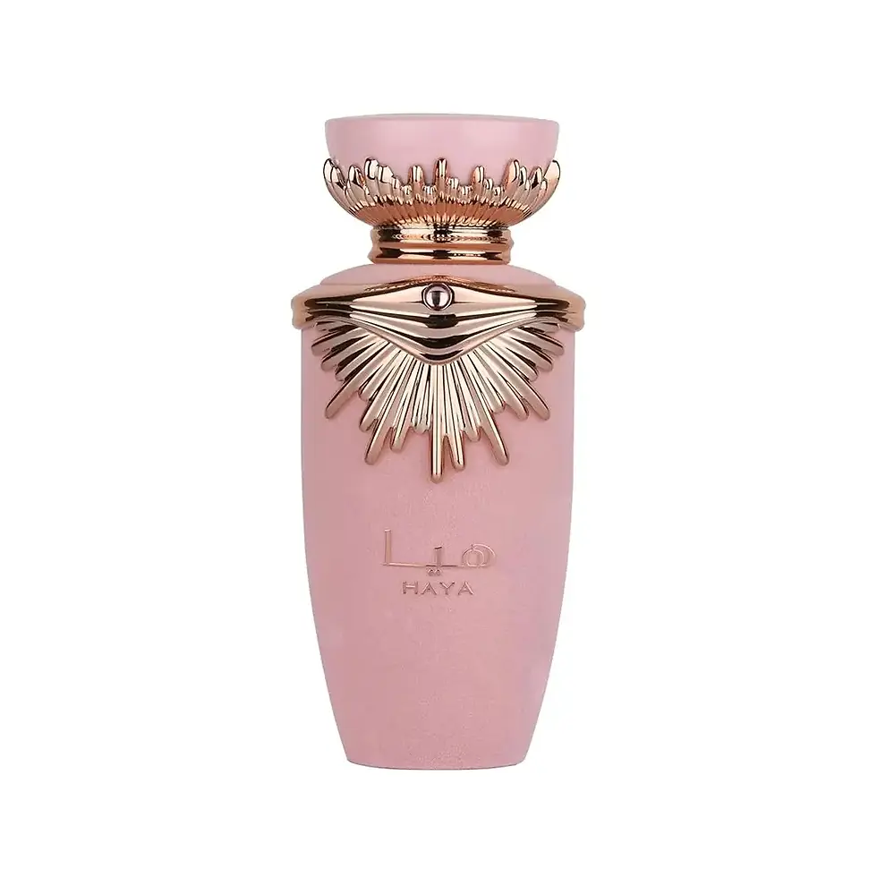 Thumbnail: Close-up of Lattafa Haya's 100ml perfume, highlighting its distinctively shaped pink bottle and luxurious packaging, embodying a delicate and alluring scent