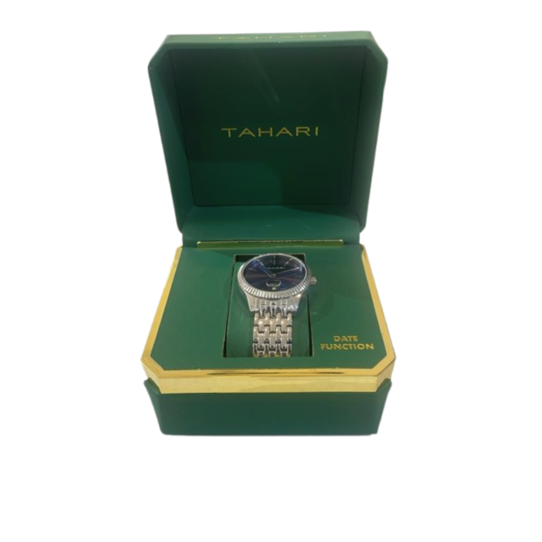 Tahari Men's Silver-Tone Date Function Watch With Blue Sunray Dial