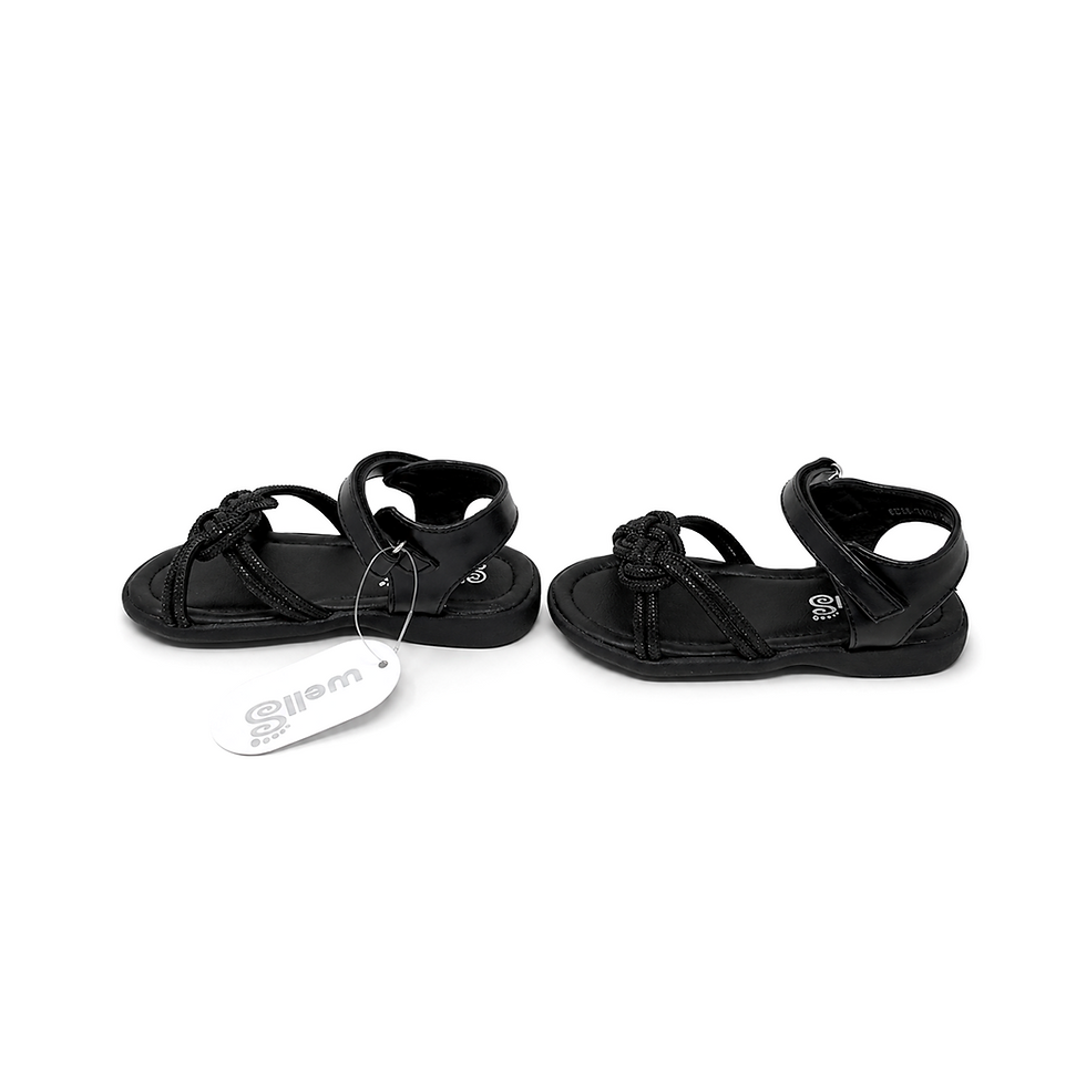 Braided rhinestone ankle strap flat sandals in black.