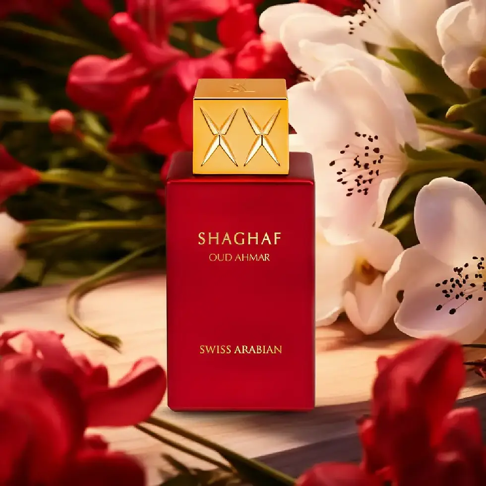 Thumbnail: Shaghaf Oud Ahmar by Swiss Arabian, a 75ml oriental perfume featuring a bold red bottle and box, known for its warm and spicy oud notes.