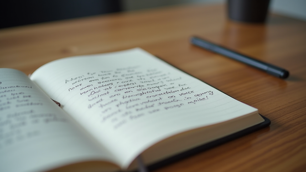 Eye-level view of a notebook with handwritten creative writing on a wooden desk