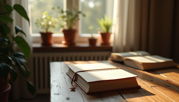 Eye-level view of a cozy reading nook with soft natural light and a journal on a wooden table
