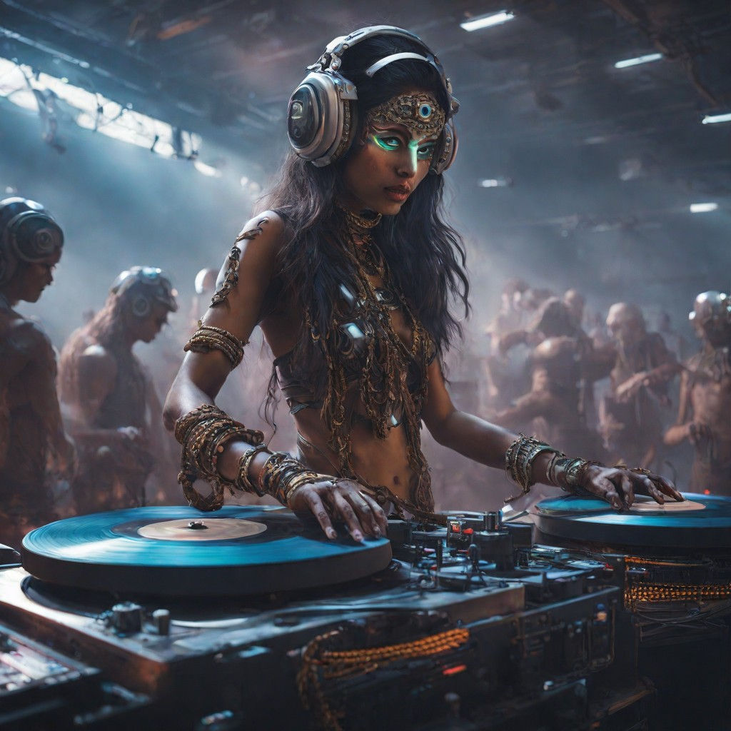 'DJ Cyborella' Art print - 6" x 6" Future Rave Dystopia Series 001