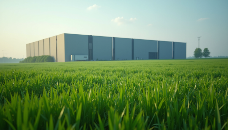Eye-level view of a large AI data center facility surrounded by green fields in Ohio