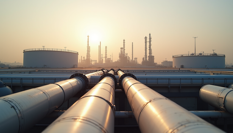 Eye-level view of an oil refinery complex with storage tanks and pipelines