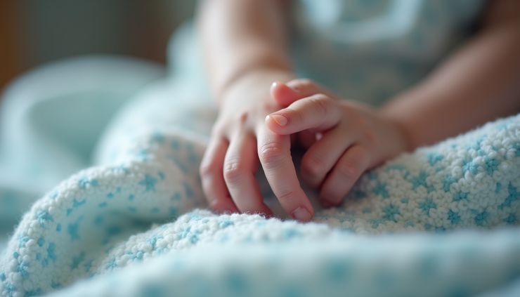 Eye-level view of a newborn baby’s hand resting on a hospital blanket