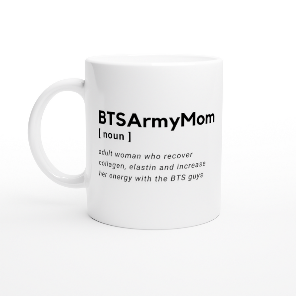 Taza BTS ARMY MOM (inglés) de cerámica blanca