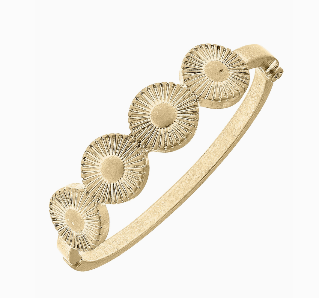 Sienna Fluted Metal Disc Hinge Bangle in Worn Gold