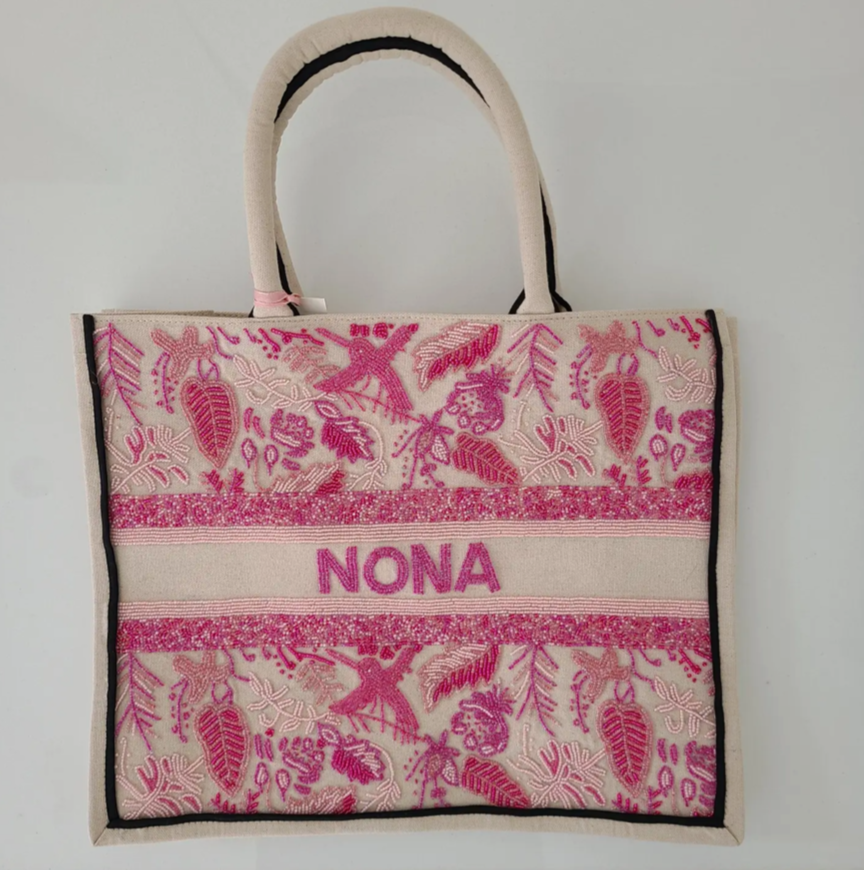 Custom Pink Leaves Beaded Tote