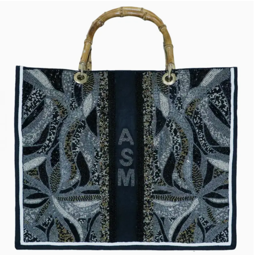 Custom Navy Monogram Beaded Tote