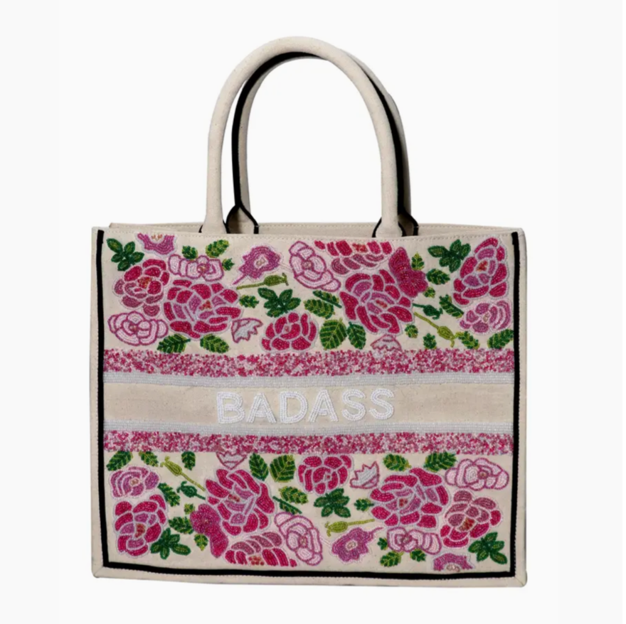 Custom Pink Floral with White Lettering Beaded Tote