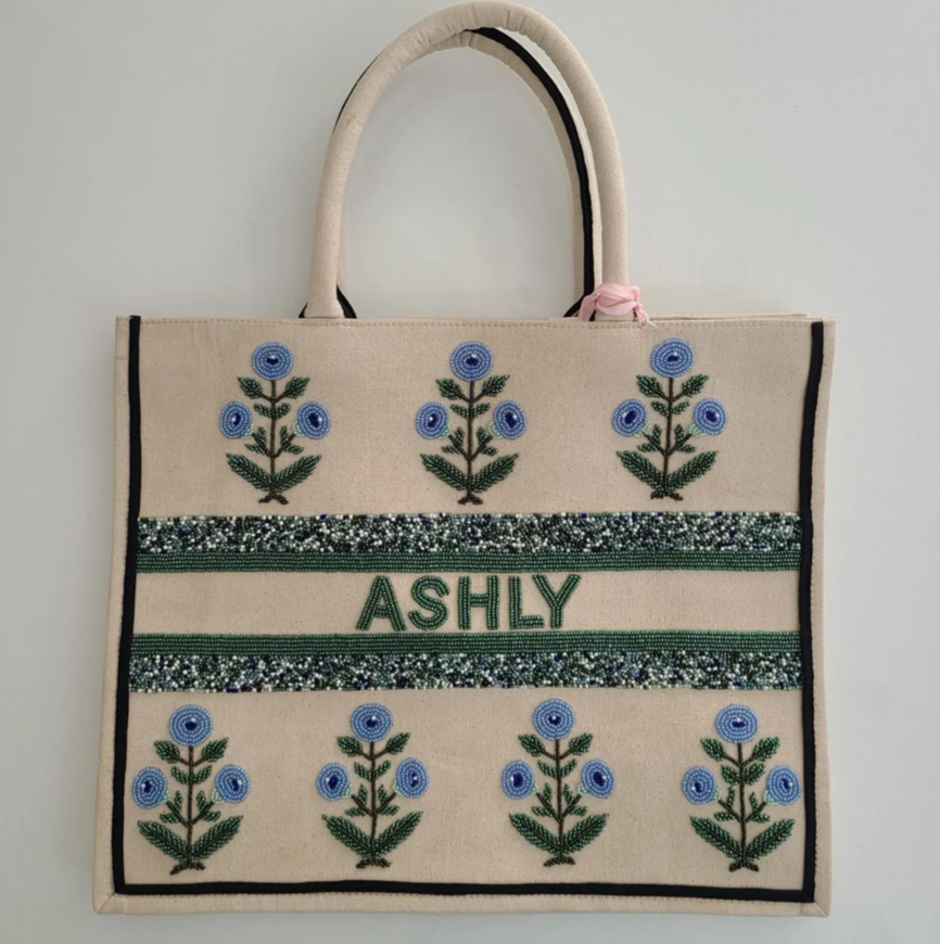 Custom Dainty Blue Floral Beaded Tote