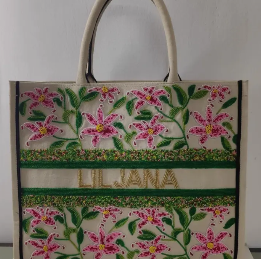 Custom Pink/Green Barbados Beaded Tote