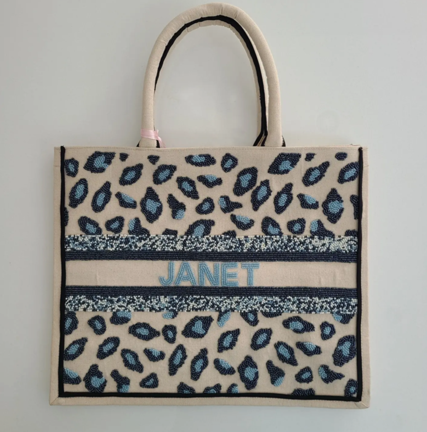 Custom Blue Cheetah Beaded Tote