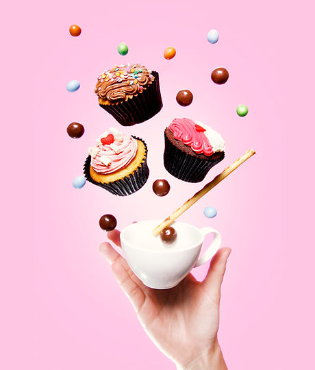 Flying Cupcakes, teacup, sweets and a ha