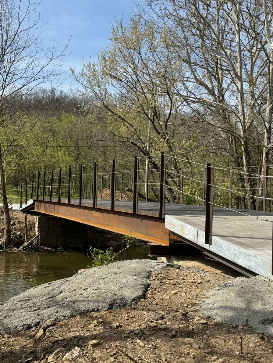 Small steel footbridge crossing a stream in a forest