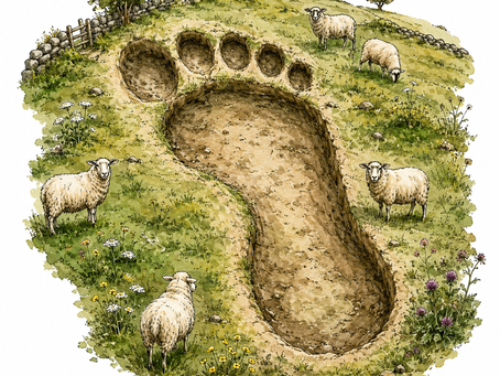 A giant footprint on a grassy field