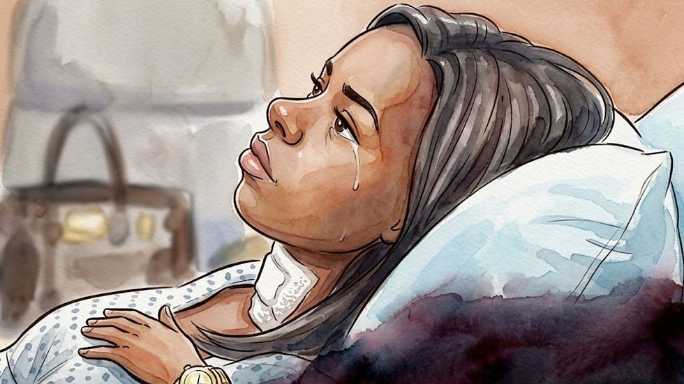 Camille Travis lies in a hospital bed with a bandage on her neck.