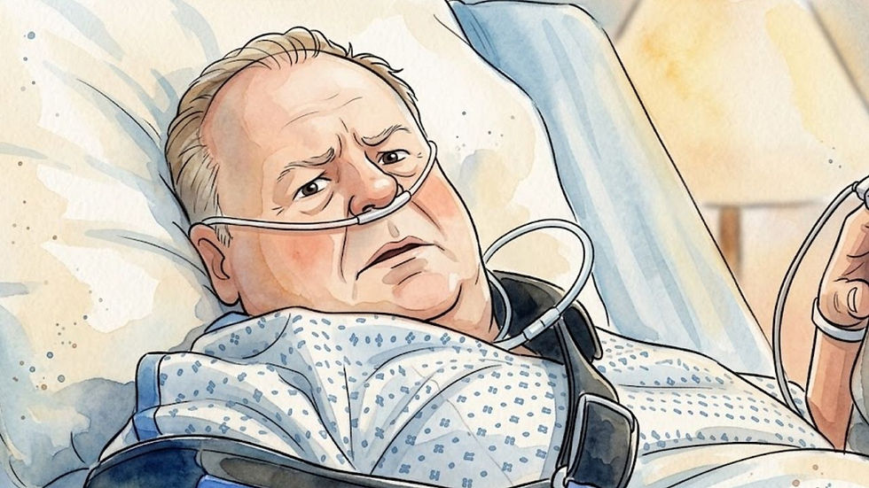 Harold O'Malley rests in a hospital bed with an oxygen tube.