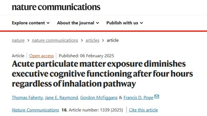 Nature Communications article titled "Acute particulate matter exposure diminishes executive cognitive functioning after four hours."