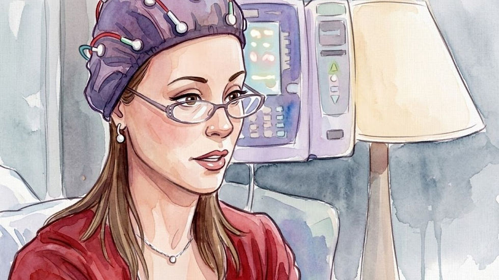 Gwen Graber wears an EEG cap in her hospital bed to monitor brain activity.