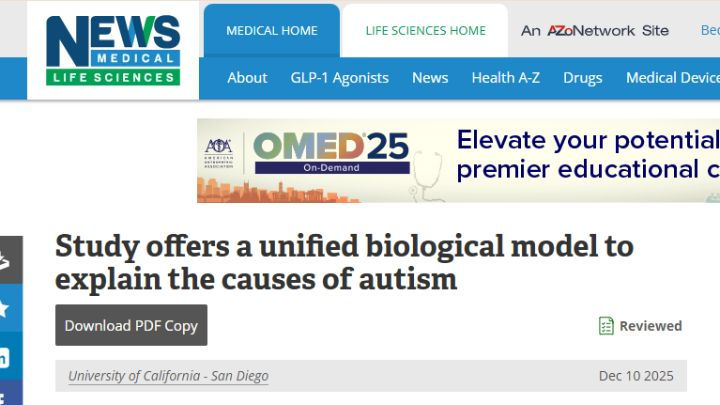 News Medical Life Sciences article titled Study offers a unified biological model to explain the causes of autism published by UC San Diego.