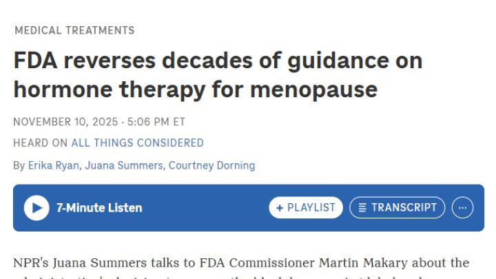 "FDA reverses decades of guidance on hormone therapy for menopause," with date and author details.