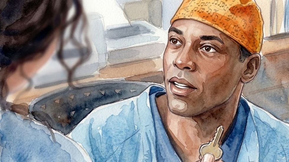 Preston Burke wears a musical scrub cap while looking at Cristina Yang.