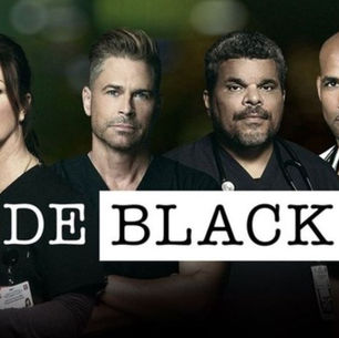 Promotional cast poster for Code Black TV series featuring Marcia Gay Harden, Rob Lowe, Luis Guzmán, and Boris Kodjoe in professional medical scrubs.