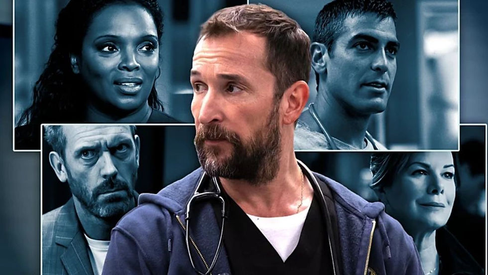 Noah Wyle leads the cast of The Pitt, shown in a collage with legendary TV doctors George Clooney, Hugh Laurie, and Marcia Gay Harden.