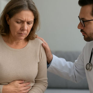 Un médico apoyando a una mujer que experimenta dolor abdominal, reflejando el impacto humano de la Enfermedad de Crohn mientras nuevas investigaciones destacan el vínculo crucial entre NOD2 y Girdin.