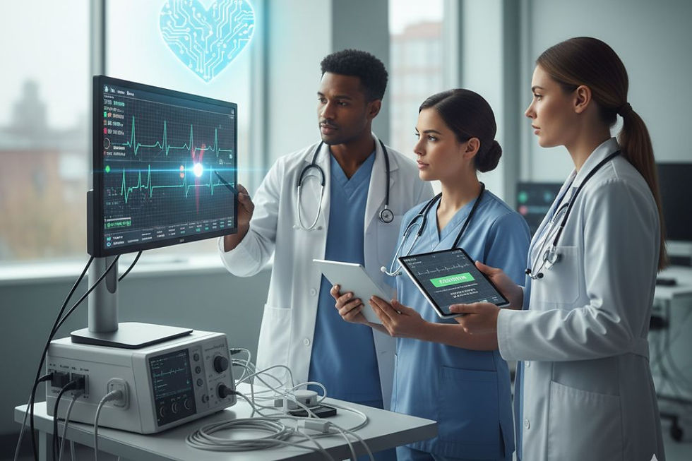 Medical professionals examine a real-time AI ECG display showing heart activity and diagnostic information.