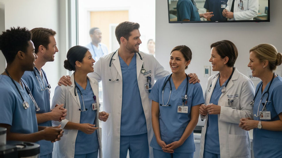 Un grupo de profesionales médicos sonriendo e interactuando en un entorno hospitalario.