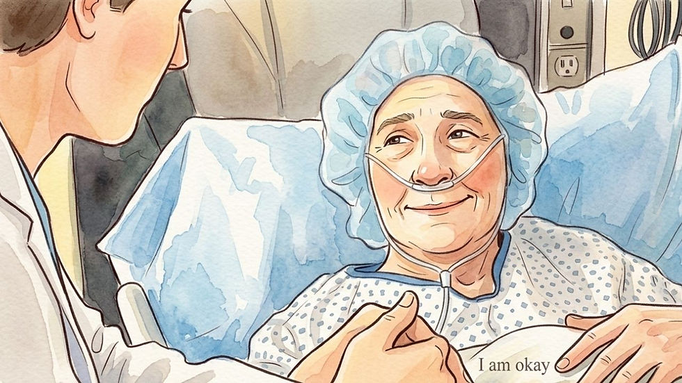 George O'Malley comforts a patient in her hospital bed as they share a tender moment before surgery in an episode of the Grey's Anatomy TV series.