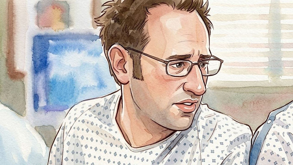 Jake Weitzman wears a patterned hospital gown.