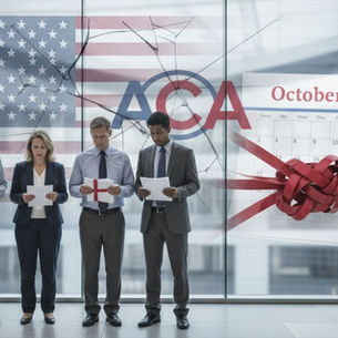 Cuatro personas sosteniendo papeles, con expresión de preocupación, frente a una bandera estadounidense rota y las letras "ACA" visibles a través de una ventana. Un calendario marcado con el 1 de octubre está atado con una cinta roja y bloqueado, simbolizando el estancamiento sobre los subsidios de Obamacare y la crisis del cierre del gobierno.