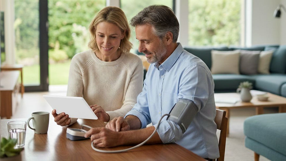 A couple uses a digital tablet while checking blood pressure with a remote patient monitoring device at home.