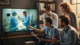 Group of healthcare professionals watching a medical drama on TV in a hospital setting, discussing surgery techniques and patient care while using tablets.